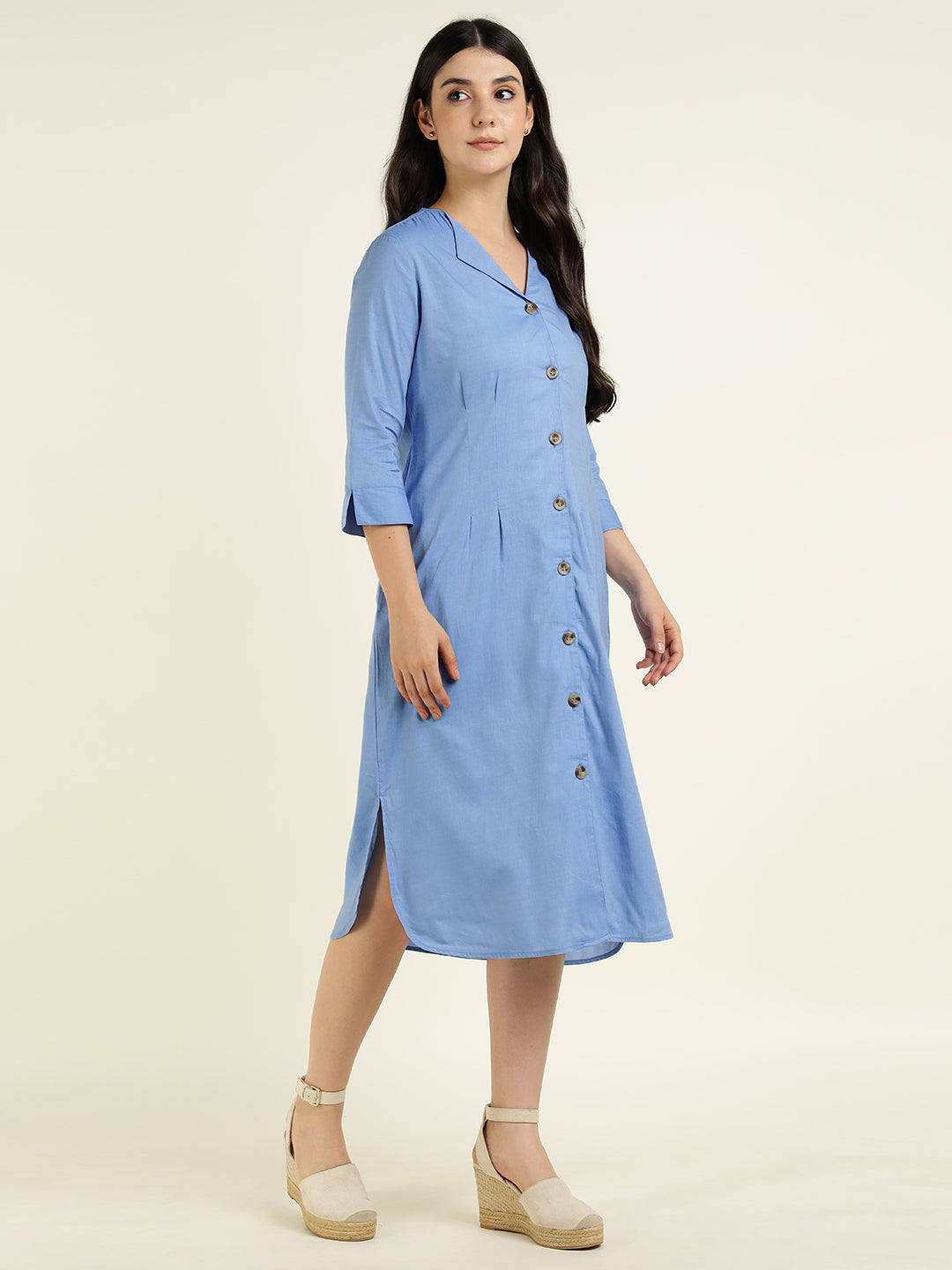 Hancock Women Blue Solid Pure Cotton Regular Fit Formal Dress