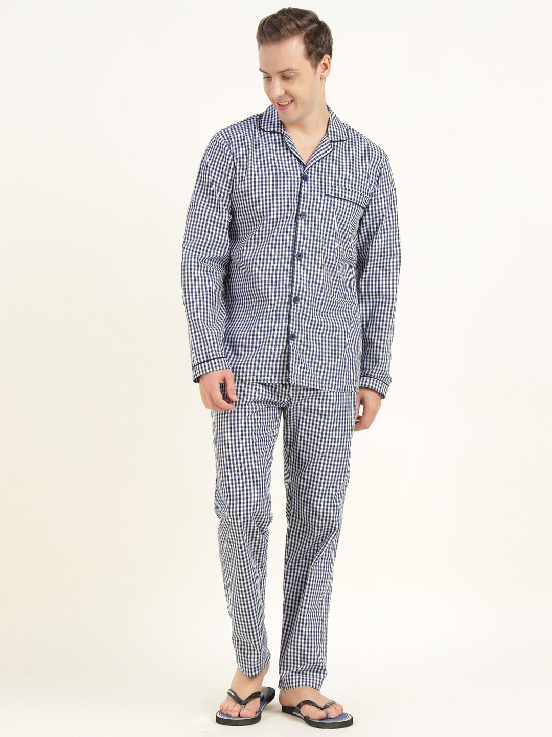 Men White & Navy Checked Pure Cotton Relaxed Fit Casual Night Suit
