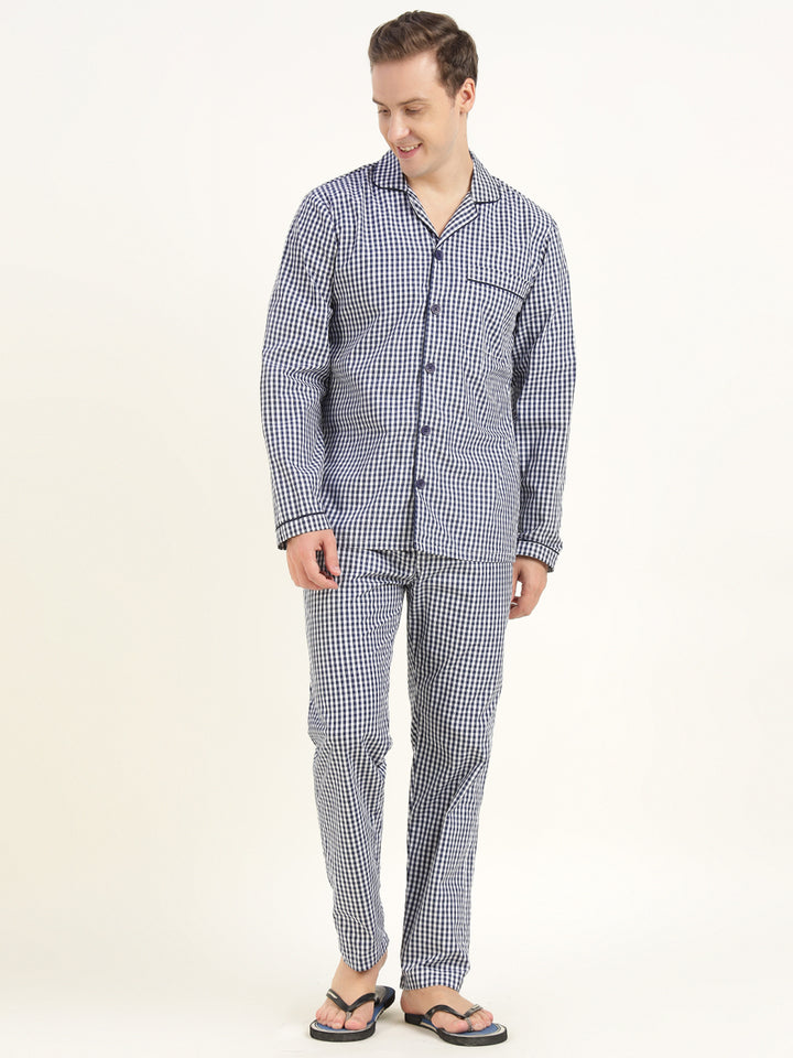 Men White & Navy Checked Pure Cotton Relaxed Fit Casual Night Suit