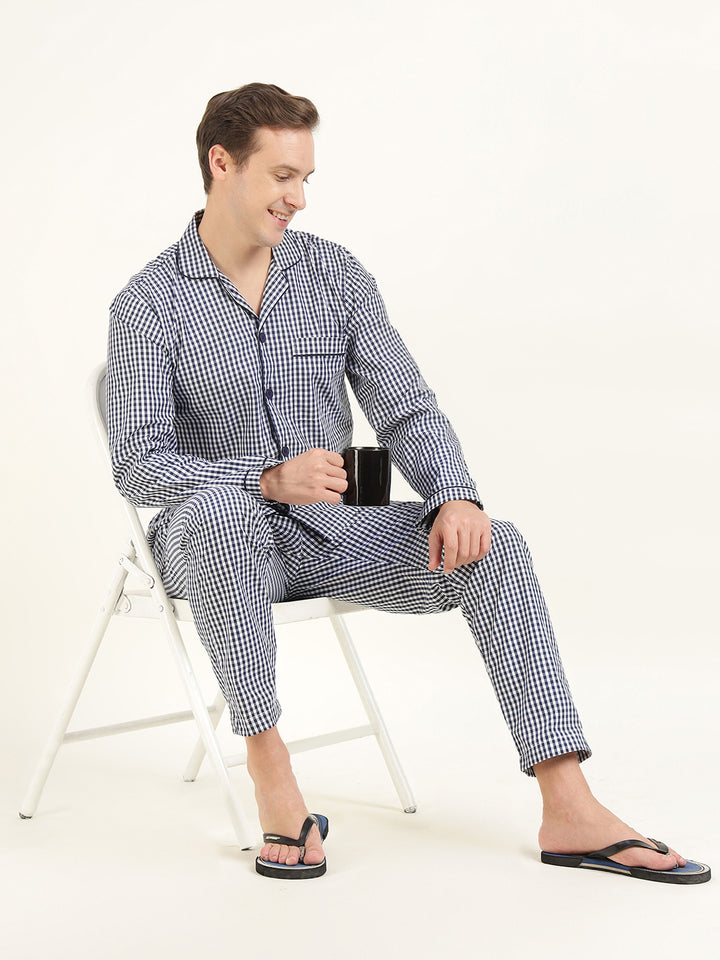 Men White & Navy Checked Pure Cotton Relaxed Fit Casual Night Suit