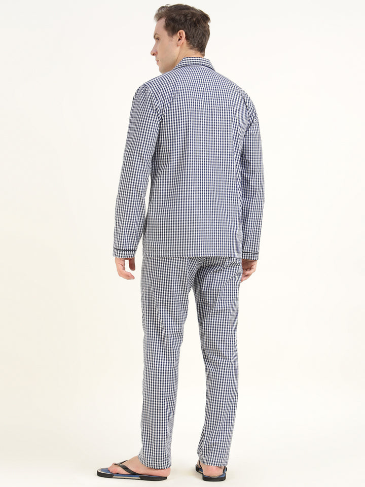 Men White & Navy Checked Pure Cotton Relaxed Fit Casual Night Suit