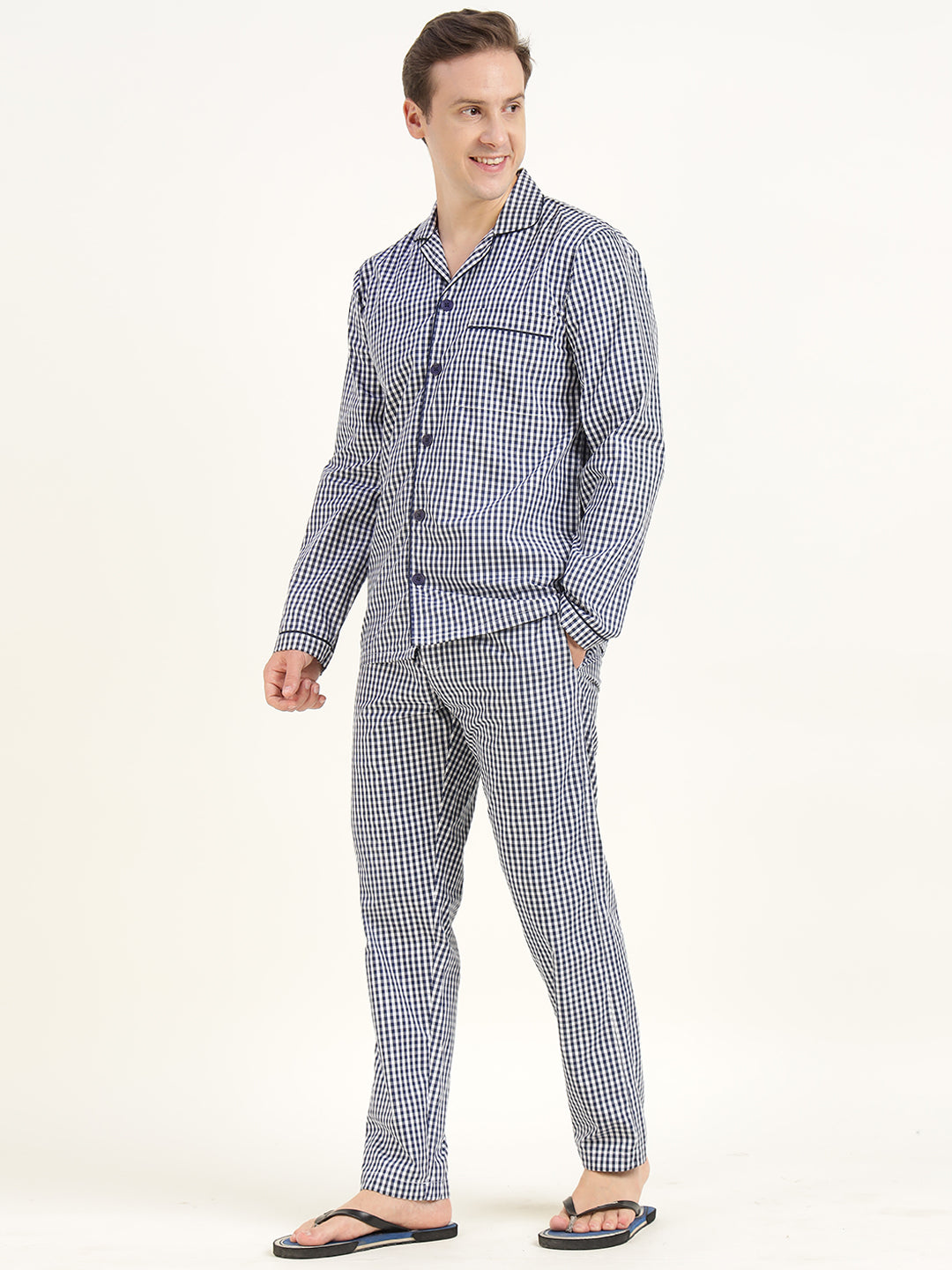 Men White & Navy Checked Pure Cotton Relaxed Fit Casual Night Suit