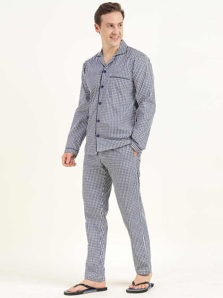 Men White & Navy Checked Pure Cotton Relaxed Fit Casual Night Suit