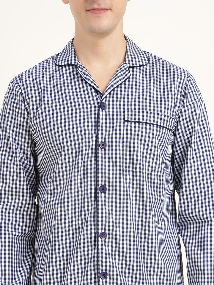 Men White & Navy Checked Pure Cotton Relaxed Fit Casual Night Suit