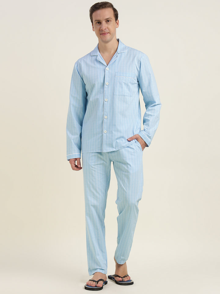Men Sky Blue Checked Pure Cotton Relaxed Fit Casual Night Suit