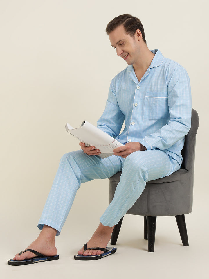 Men Sky Blue Checked Pure Cotton Relaxed Fit Casual Night Suit