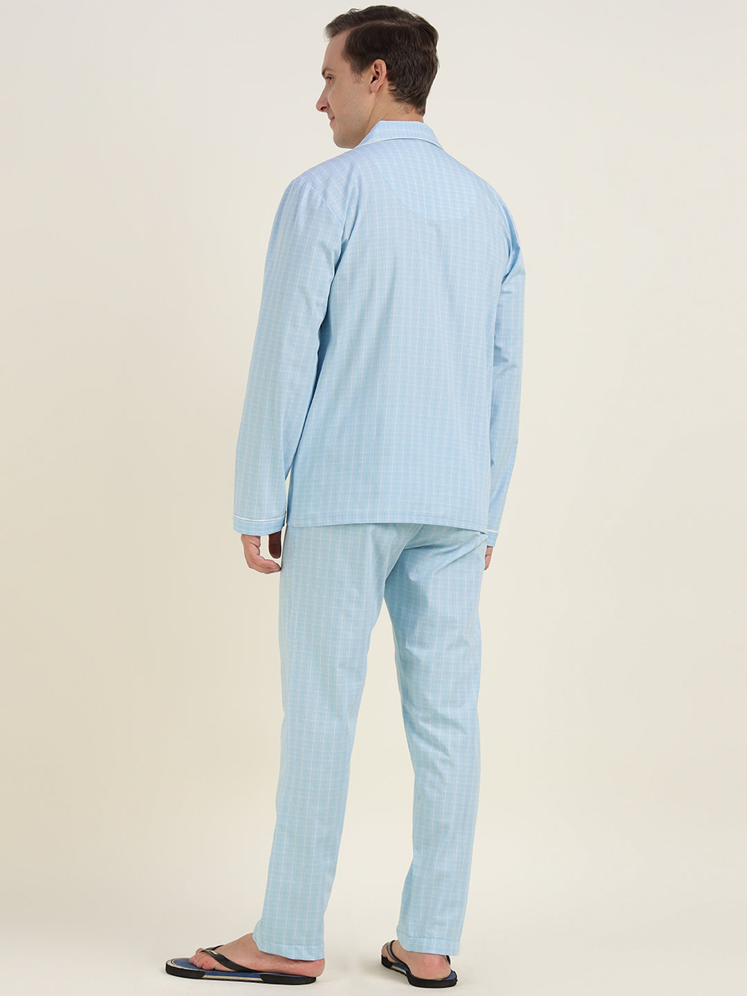 Men Sky Blue Checked Pure Cotton Relaxed Fit Casual Night Suit