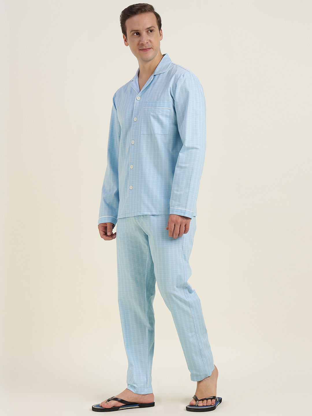 Men Sky Blue Checked Pure Cotton Relaxed Fit Casual Night Suit