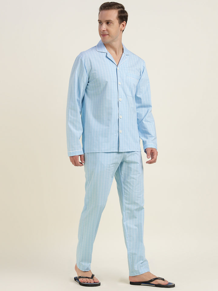 Men Sky Blue Checked Pure Cotton Relaxed Fit Casual Night Suit