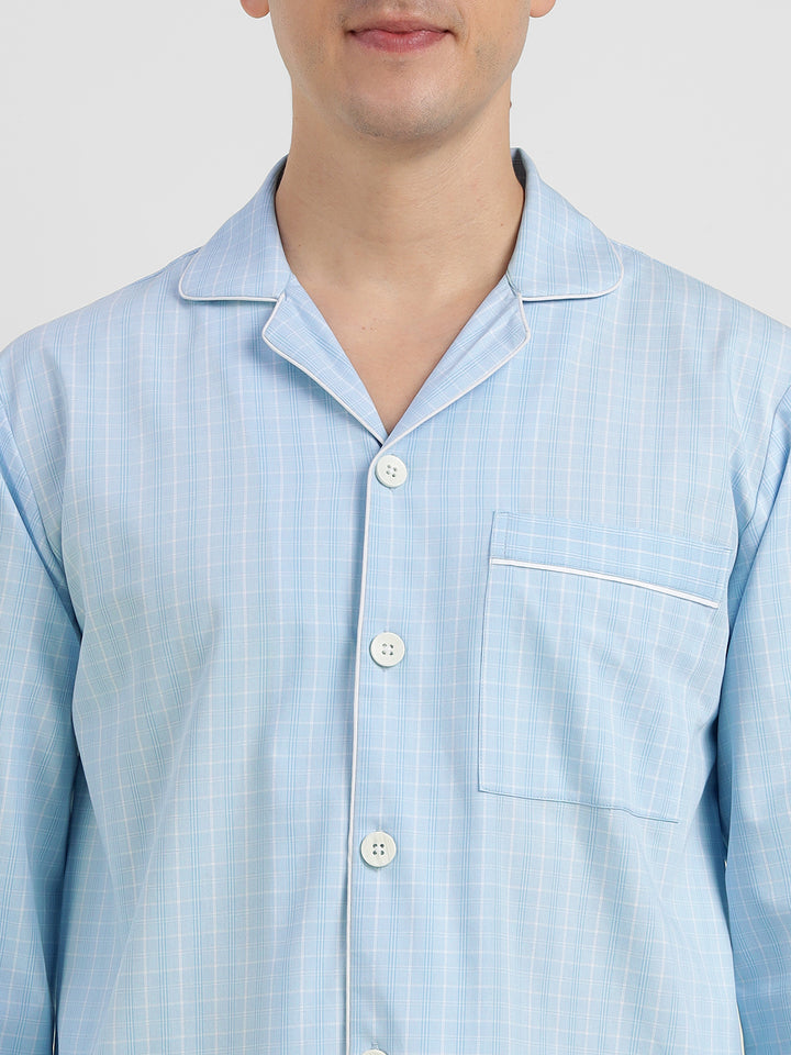 Men Sky Blue Checked Pure Cotton Relaxed Fit Casual Night Suit