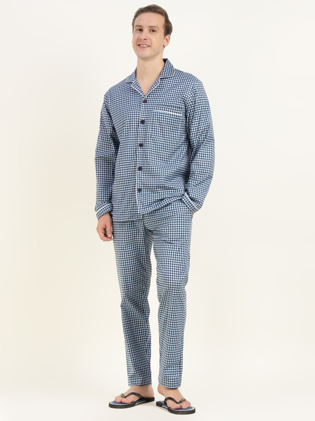 Men Blue & Navy Checked Cotton Elastene Relaxed Fit Casual Night Suit