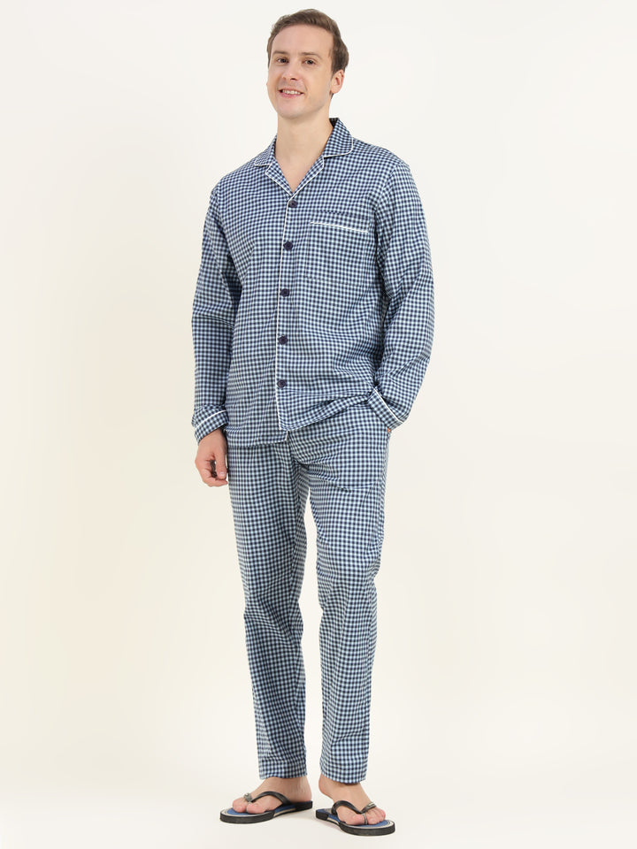 Men Blue & Navy Checked Cotton Elastene Relaxed Fit Casual Night Suit