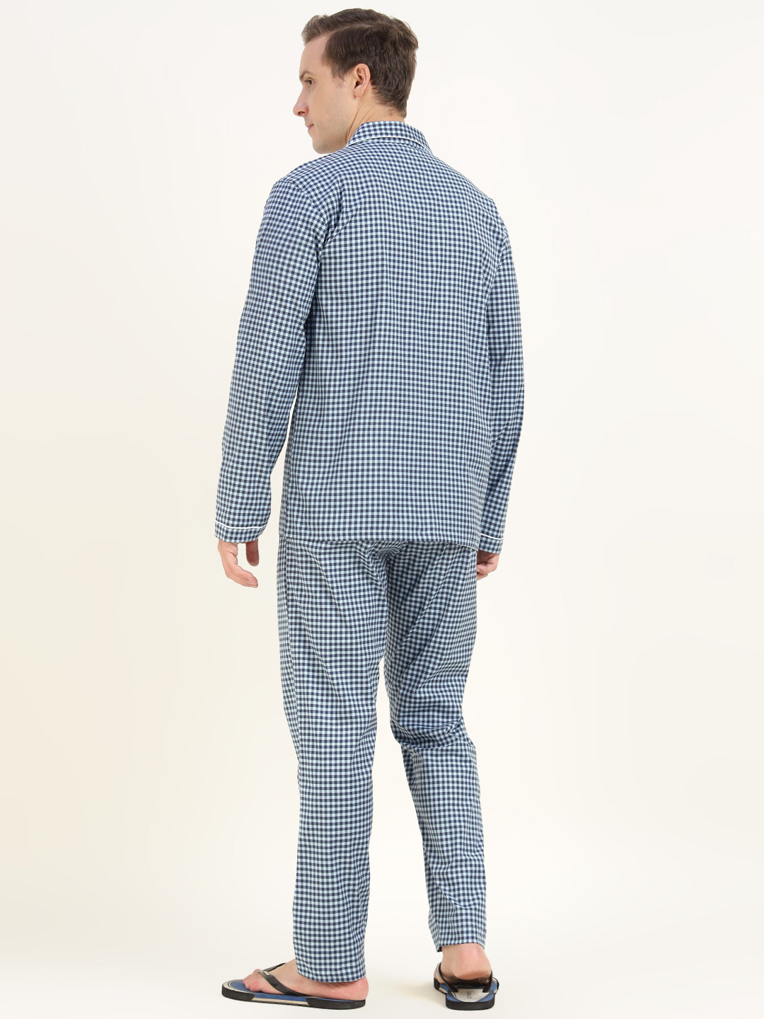 Men Blue & Navy Checked Cotton Elastene Relaxed Fit Casual Night Suit