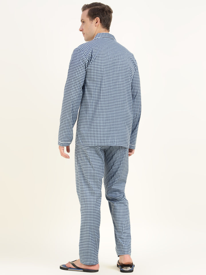Men Blue & Navy Checked Cotton Elastene Relaxed Fit Casual Night Suit