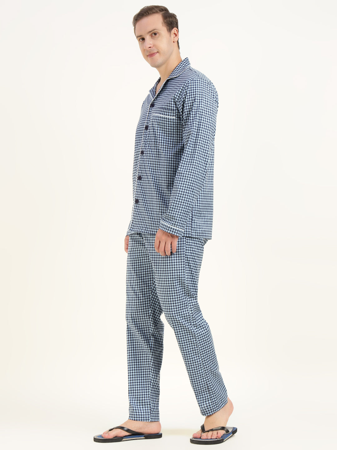 Men Blue & Navy Checked Cotton Elastene Relaxed Fit Casual Night Suit