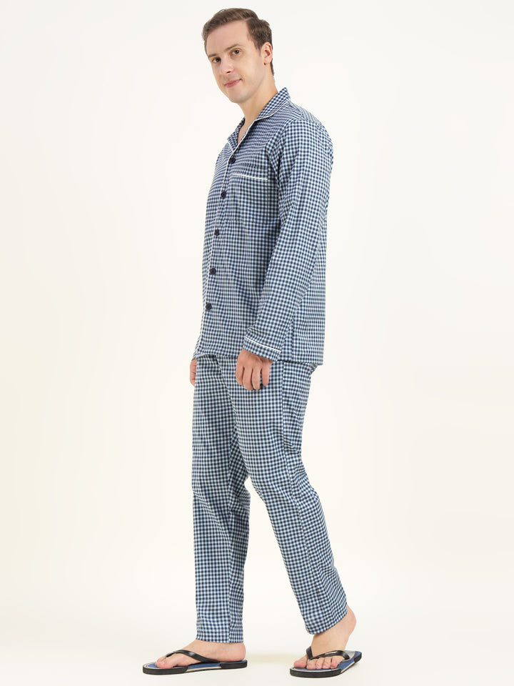Men Blue & Navy Checked Cotton Elastene Relaxed Fit Casual Night Suit