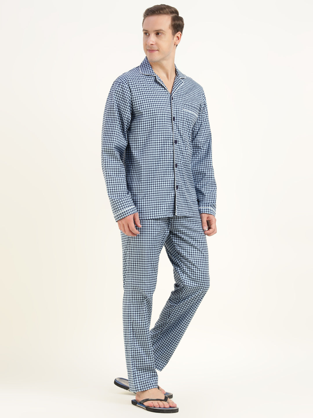 Men Blue & Navy Checked Cotton Elastene Relaxed Fit Casual Night Suit