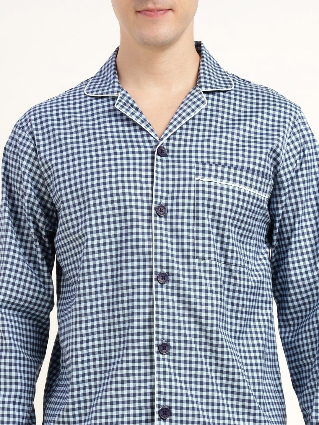 Men Blue & Navy Checked Cotton Elastene Relaxed Fit Casual Night Suit