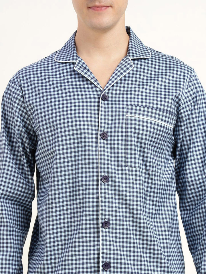 Men Blue & Navy Checked Cotton Elastene Relaxed Fit Casual Night Suit