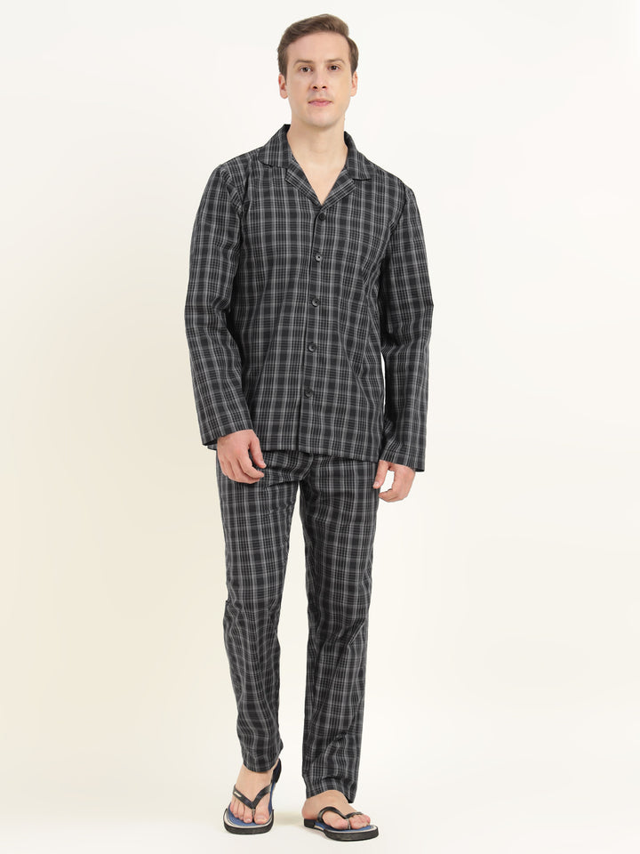 Men Black & Grey Checked Pure Cotton Relaxed Fit Casual Night Suit