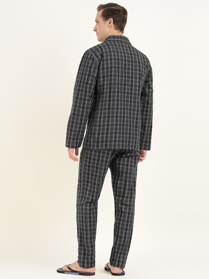 Men Black & Grey Checked Pure Cotton Relaxed Fit Casual Night Suit