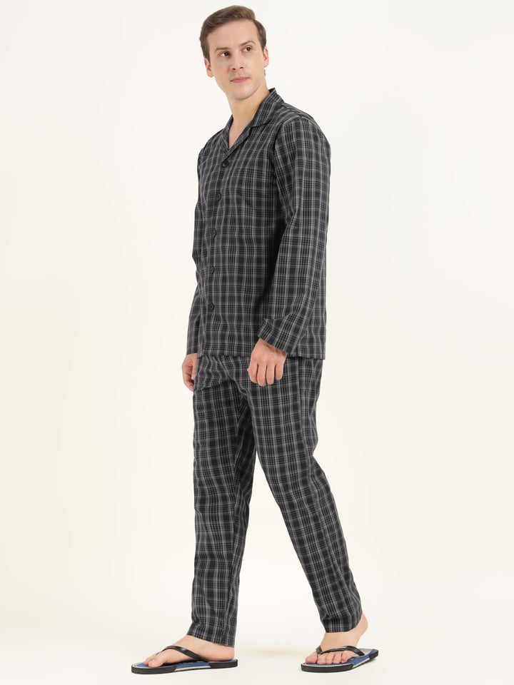 Men Black & Grey Checked Pure Cotton Relaxed Fit Casual Night Suit