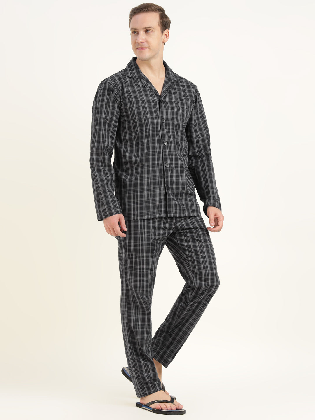 Men Black & Grey Checked Pure Cotton Relaxed Fit Casual Night Suit