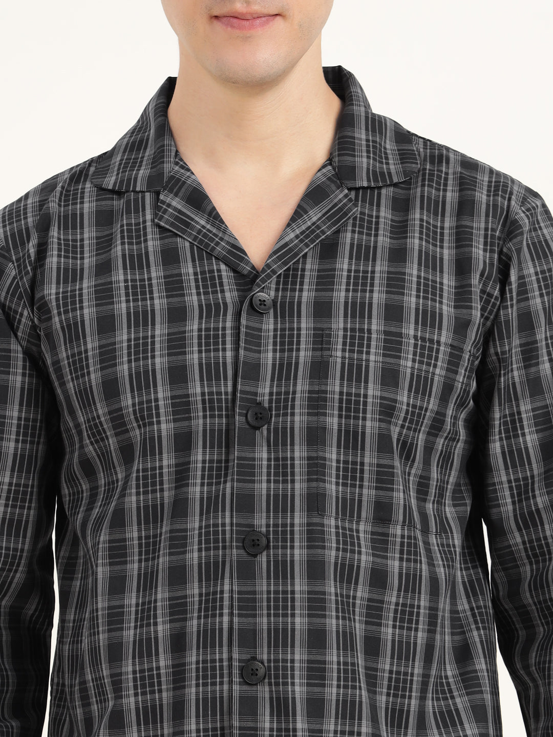 Men Black & Grey Checked Pure Cotton Relaxed Fit Casual Night Suit