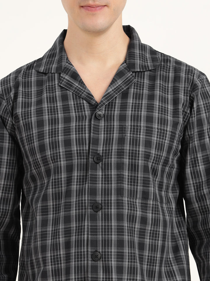 Men Black & Grey Checked Pure Cotton Relaxed Fit Casual Night Suit