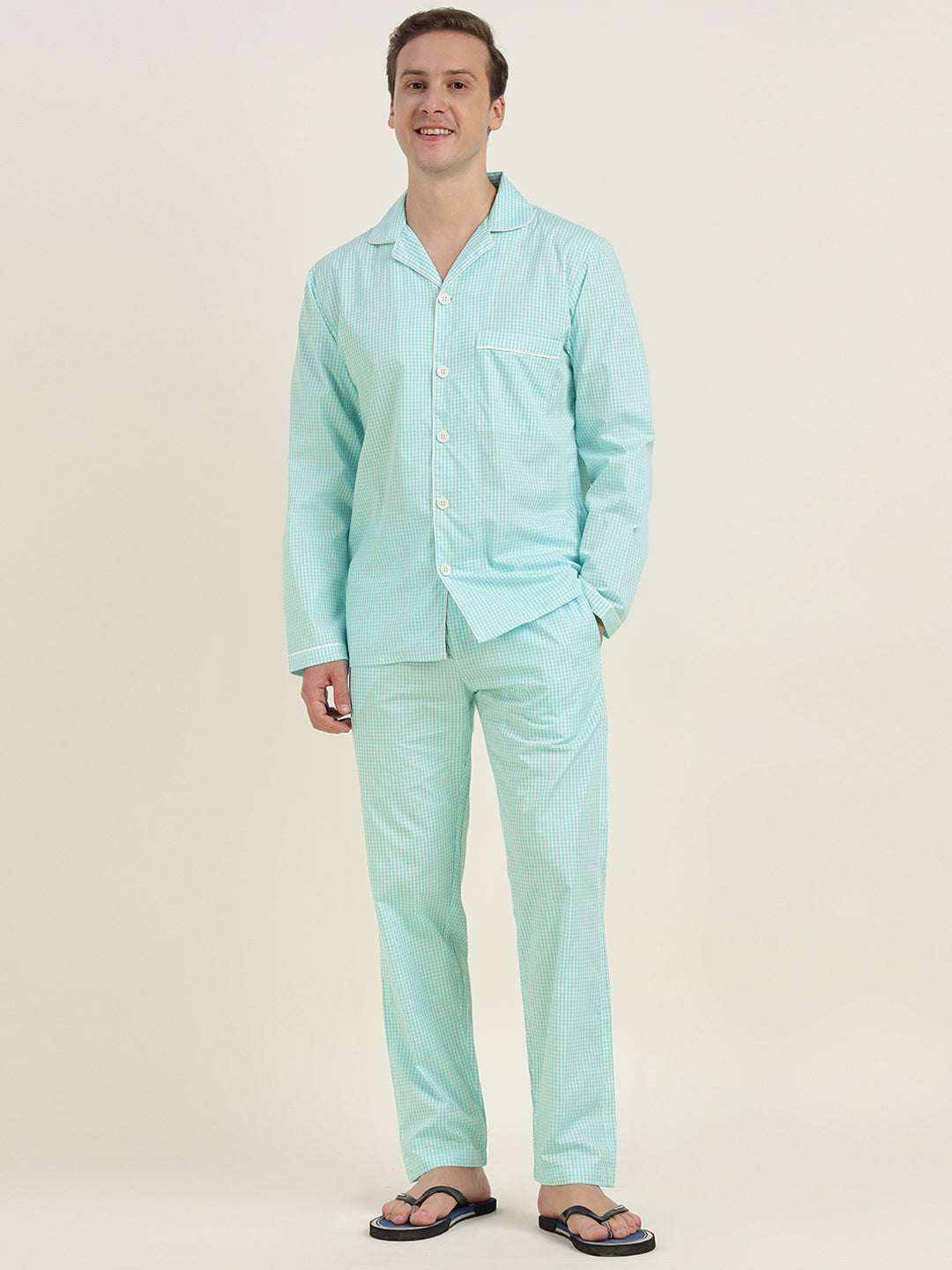Men Sky Blue Checked Pure Cotton Relaxed Fit Casual Night Suit