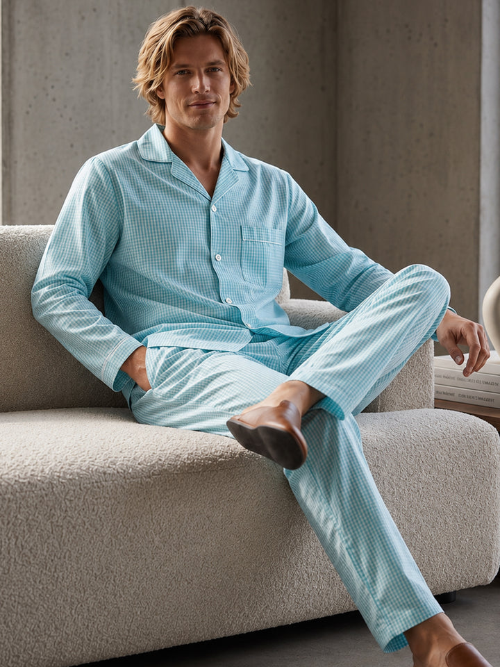 Men Sky Blue Checked Pure Cotton Relaxed Fit Casual Night Suit