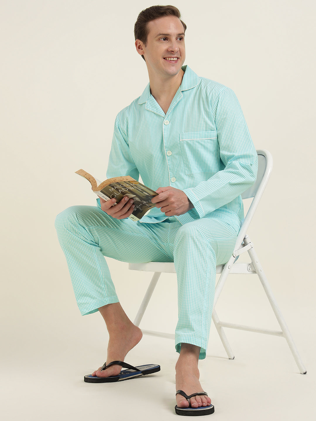 Men Sky Blue Checked Pure Cotton Relaxed Fit Casual Night Suit