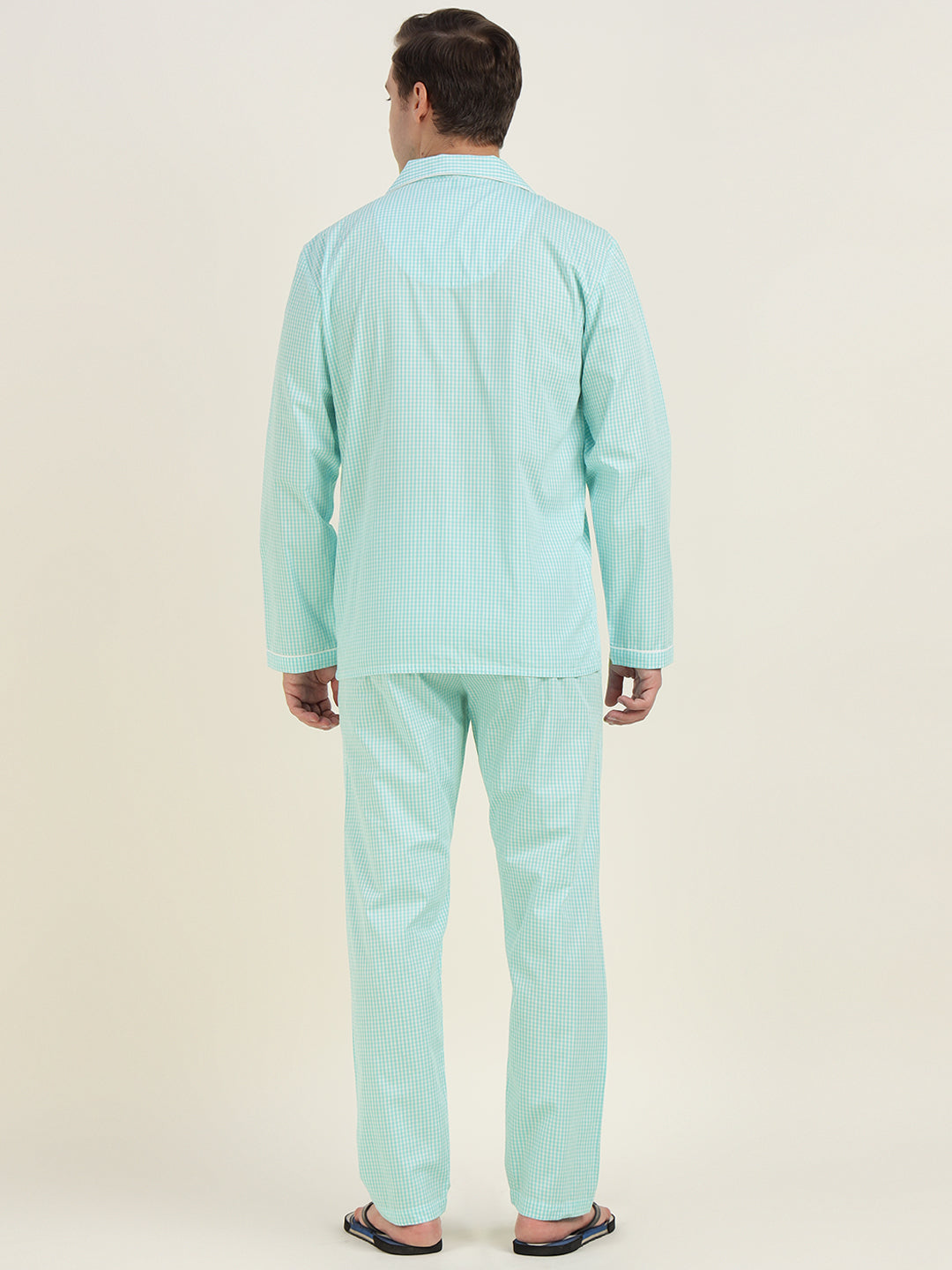 Men Sky Blue Checked Pure Cotton Relaxed Fit Casual Night Suit