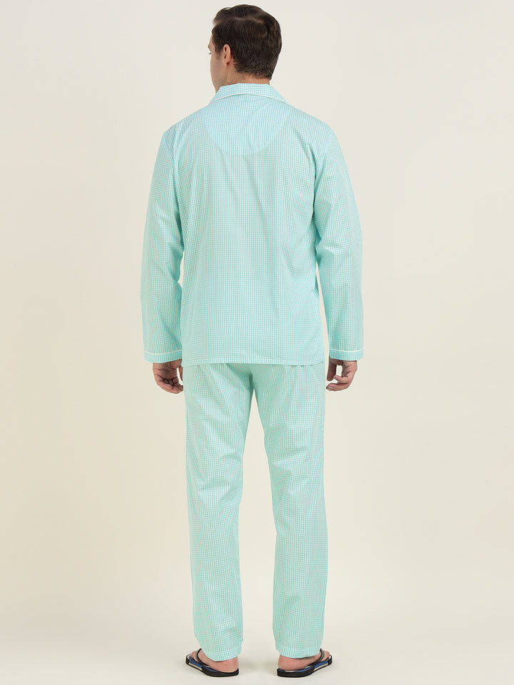 Men Sky Blue Checked Pure Cotton Relaxed Fit Casual Night Suit