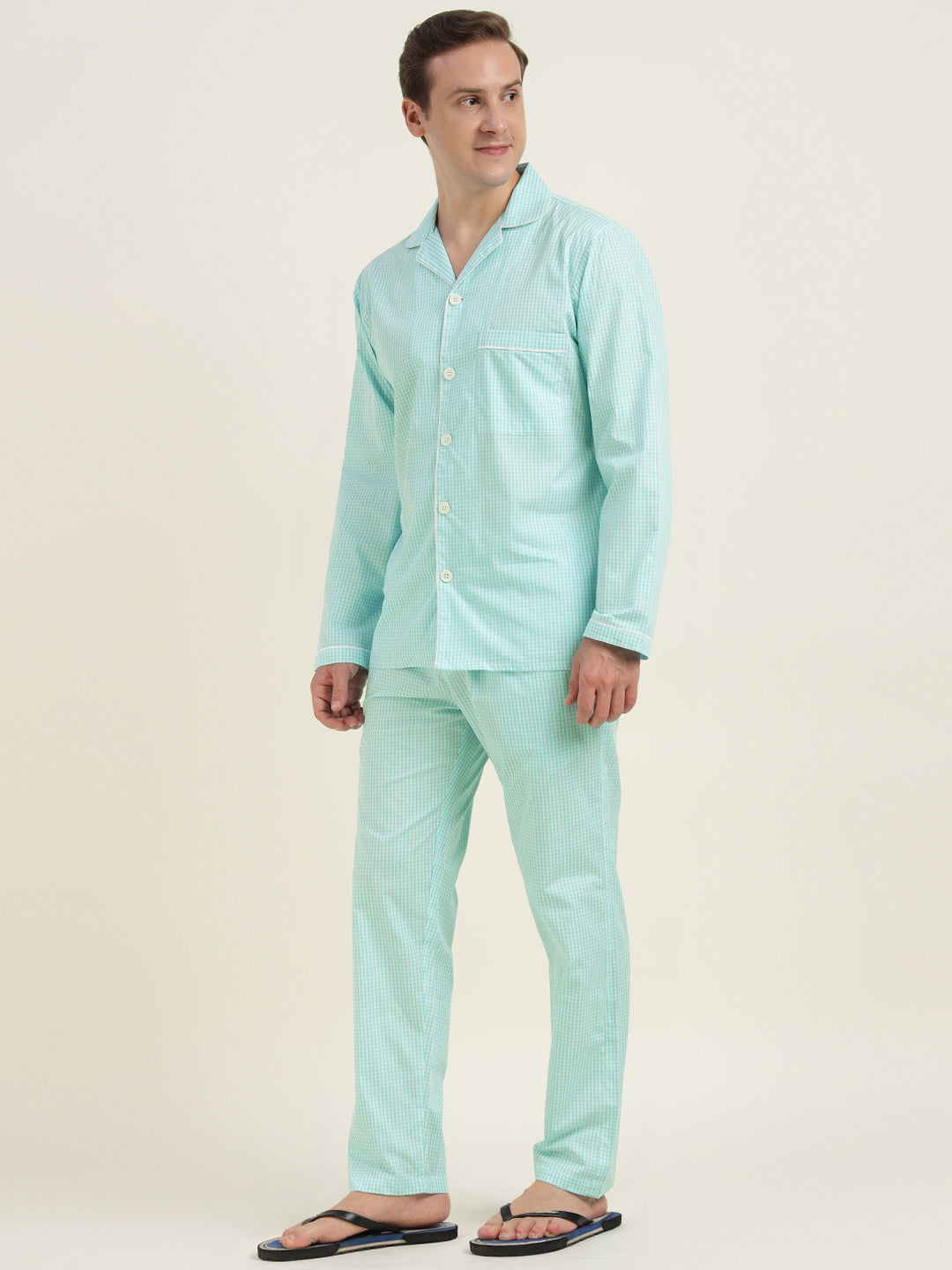 Men Sky Blue Checked Pure Cotton Relaxed Fit Casual Night Suit