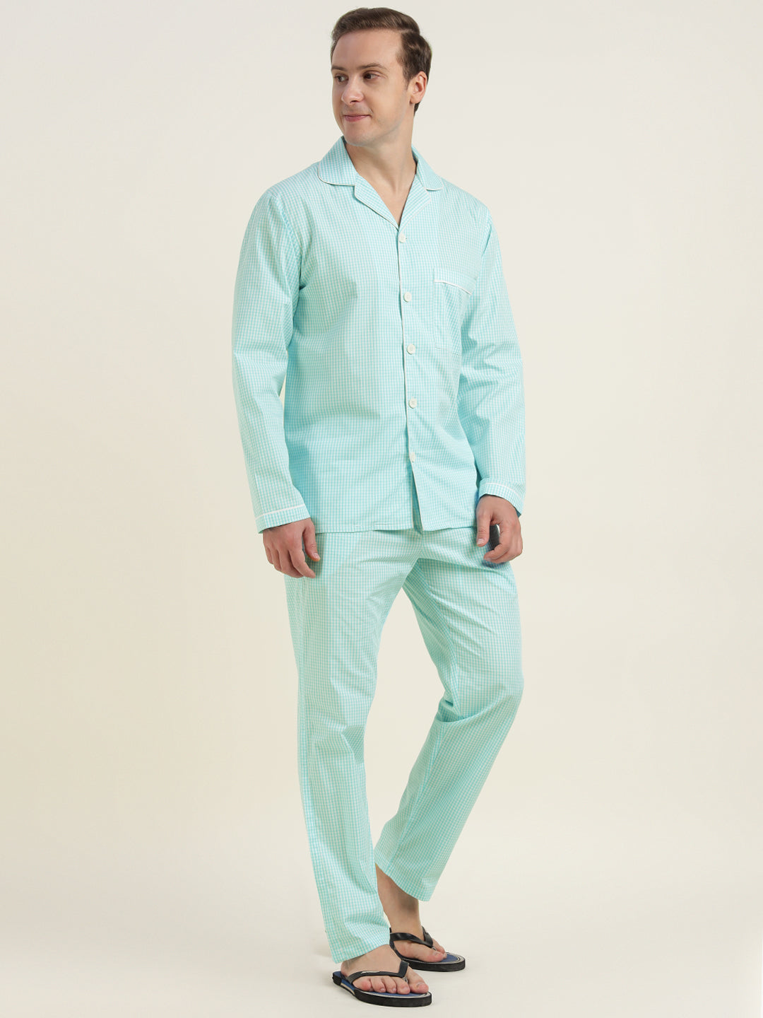 Men Sky Blue Checked Pure Cotton Relaxed Fit Casual Night Suit
