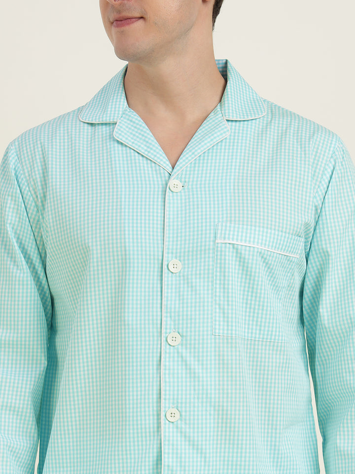 Men Sky Blue Checked Pure Cotton Relaxed Fit Casual Night Suit