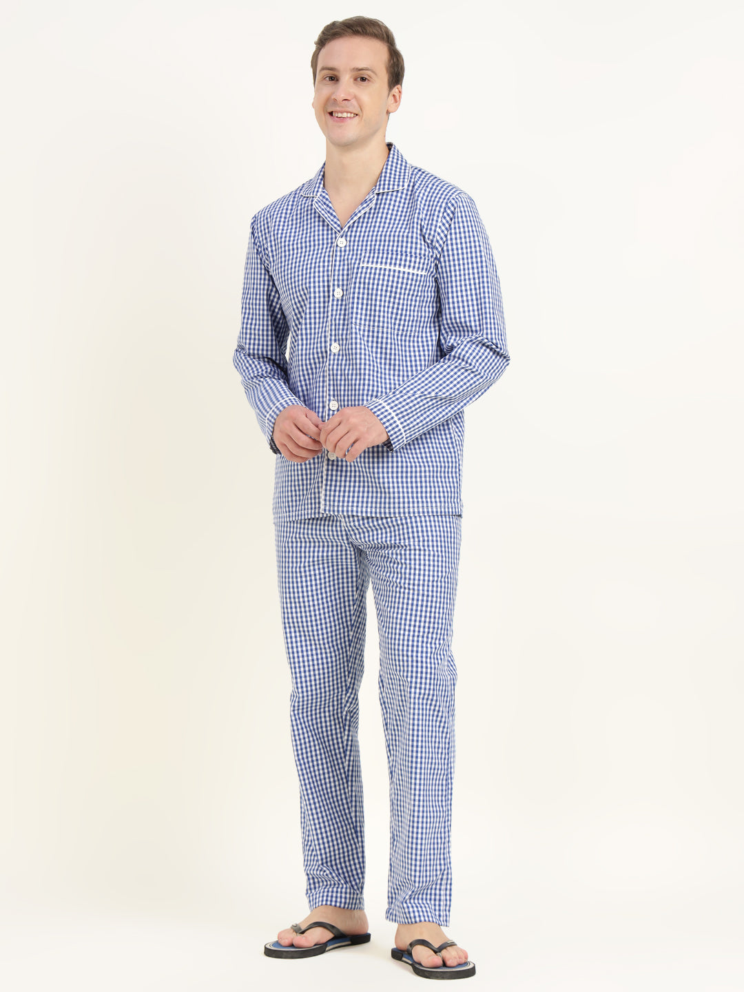 Men White & Blue Checked Pure Cotton Relaxed Fit Casual Night Suit