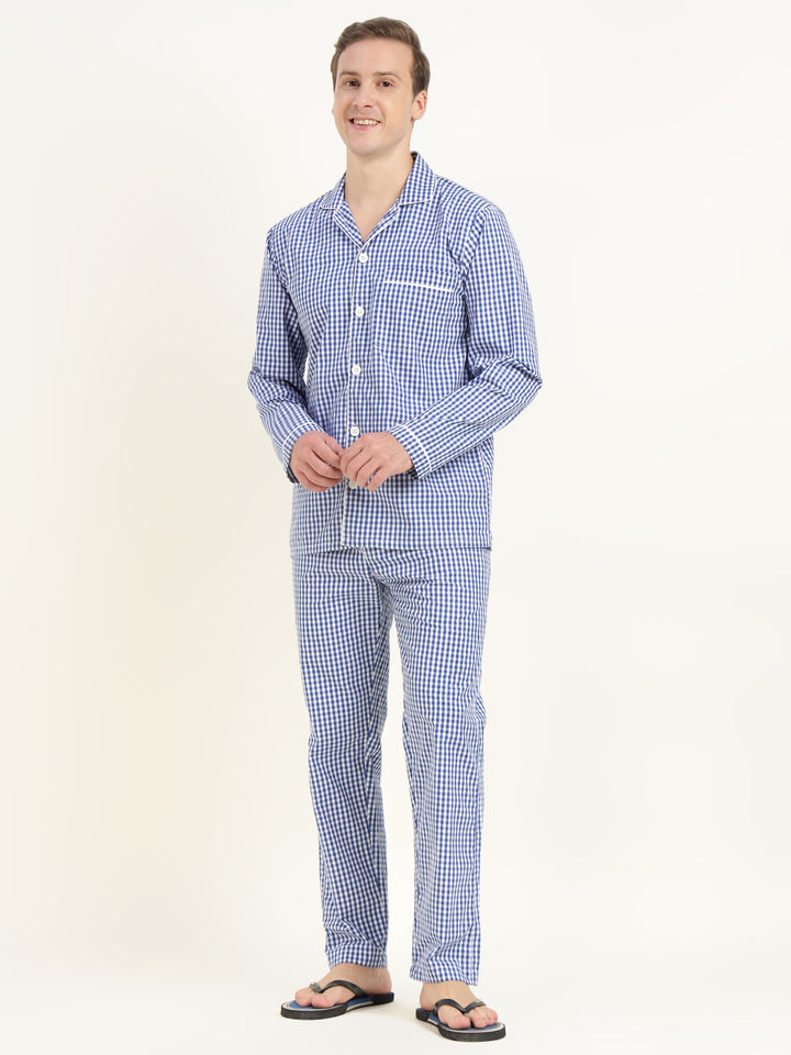 Men White & Blue Checked Pure Cotton Relaxed Fit Casual Night Suit