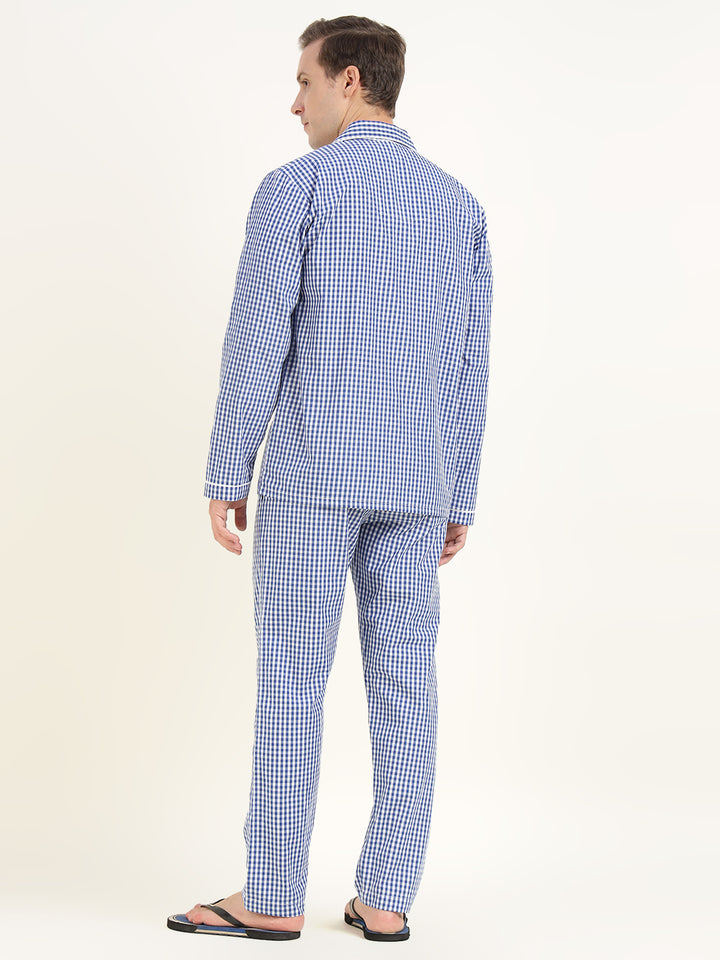 Men White & Blue Checked Pure Cotton Relaxed Fit Casual Night Suit