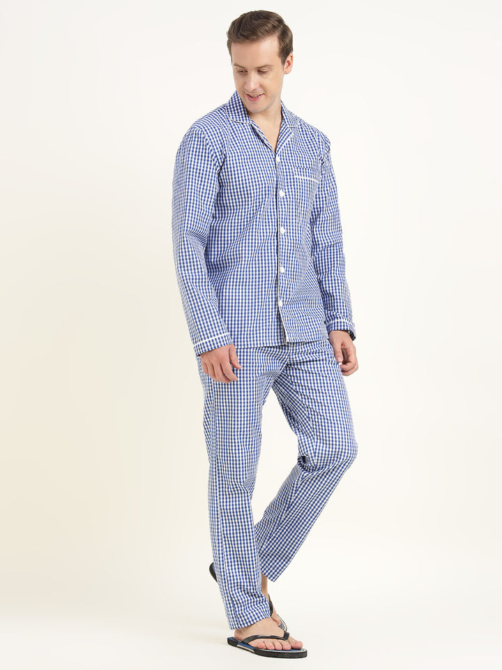 Men White & Blue Checked Pure Cotton Relaxed Fit Casual Night Suit