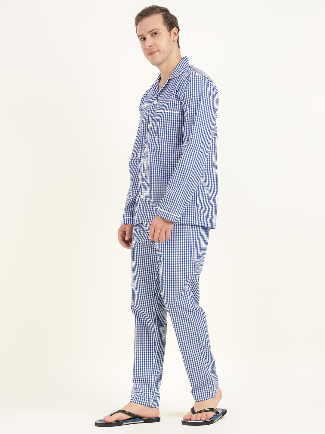 Men White & Blue Checked Pure Cotton Relaxed Fit Casual Night Suit