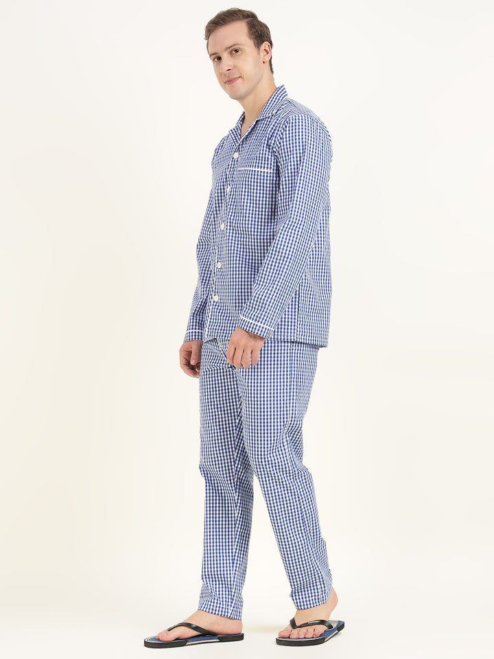 Men White & Blue Checked Pure Cotton Relaxed Fit Casual Night Suit