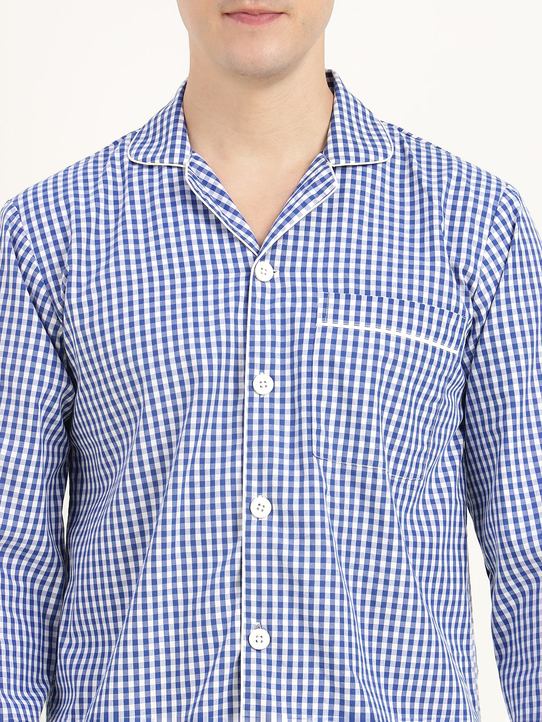 Men White & Blue Checked Pure Cotton Relaxed Fit Casual Night Suit