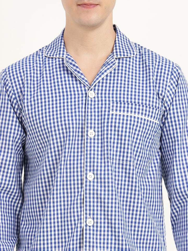 Men White & Blue Checked Pure Cotton Relaxed Fit Casual Night Suit