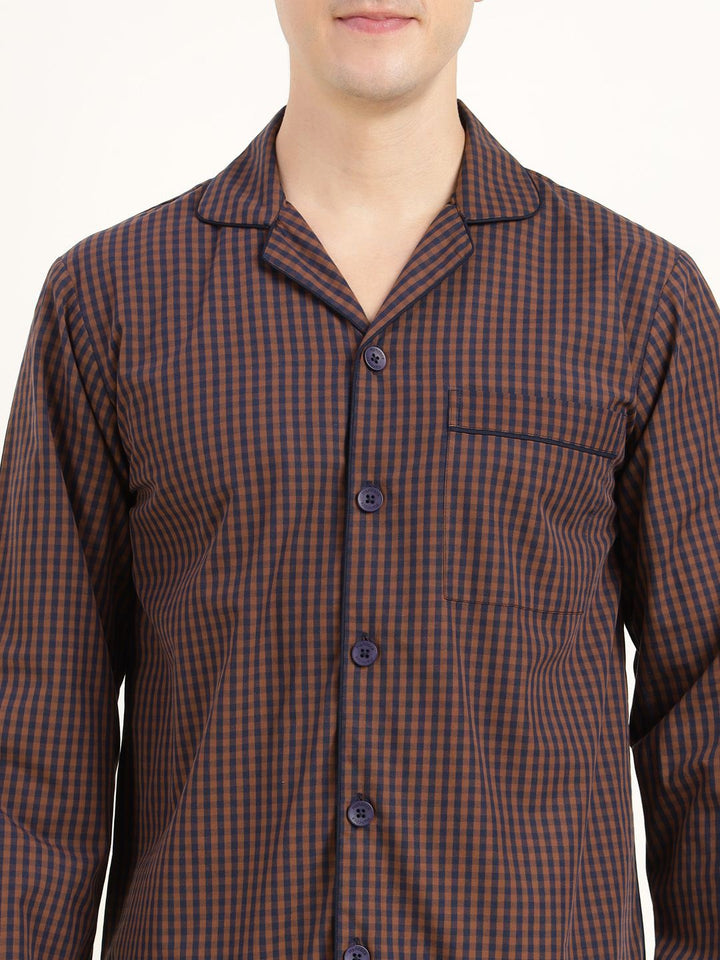 Men Brown & Navy Checked Pure Cotton Relaxed Fit Casual Night Suit