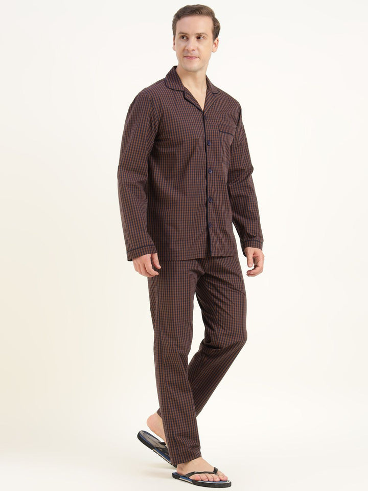 Men Brown & Navy Checked Pure Cotton Relaxed Fit Casual Night Suit