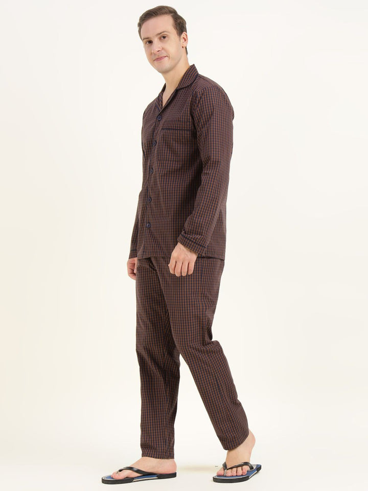 Men Brown & Navy Checked Pure Cotton Relaxed Fit Casual Night Suit
