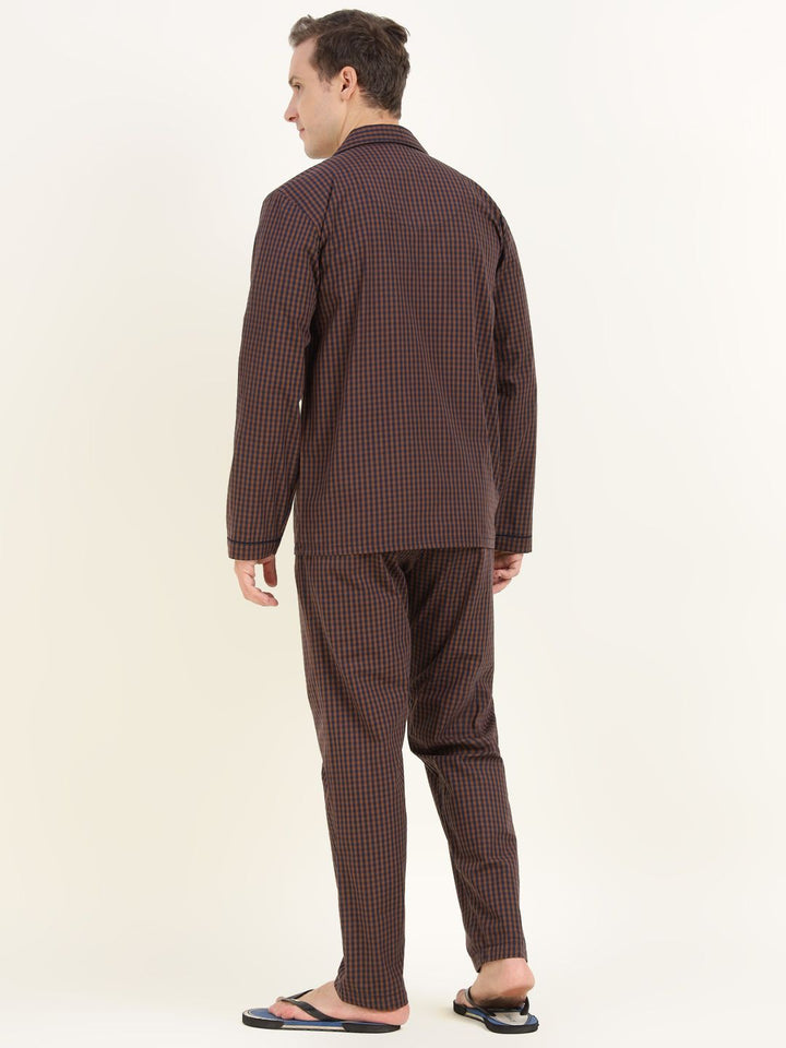 Men Brown & Navy Checked Pure Cotton Relaxed Fit Casual Night Suit