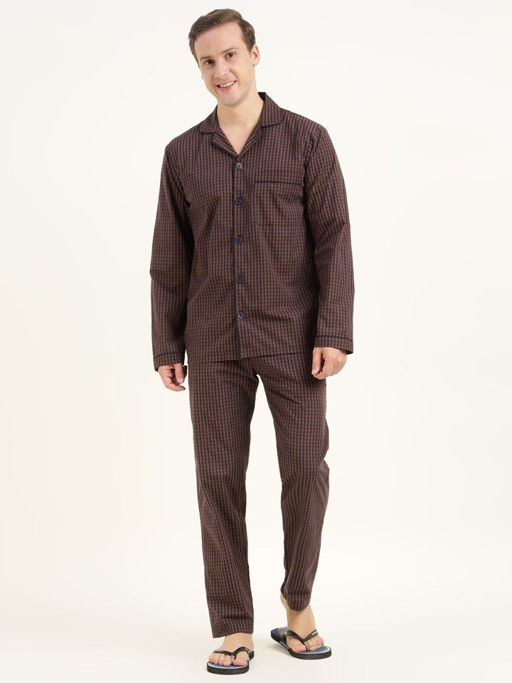 Men Brown & Navy Checked Pure Cotton Relaxed Fit Casual Night Suit